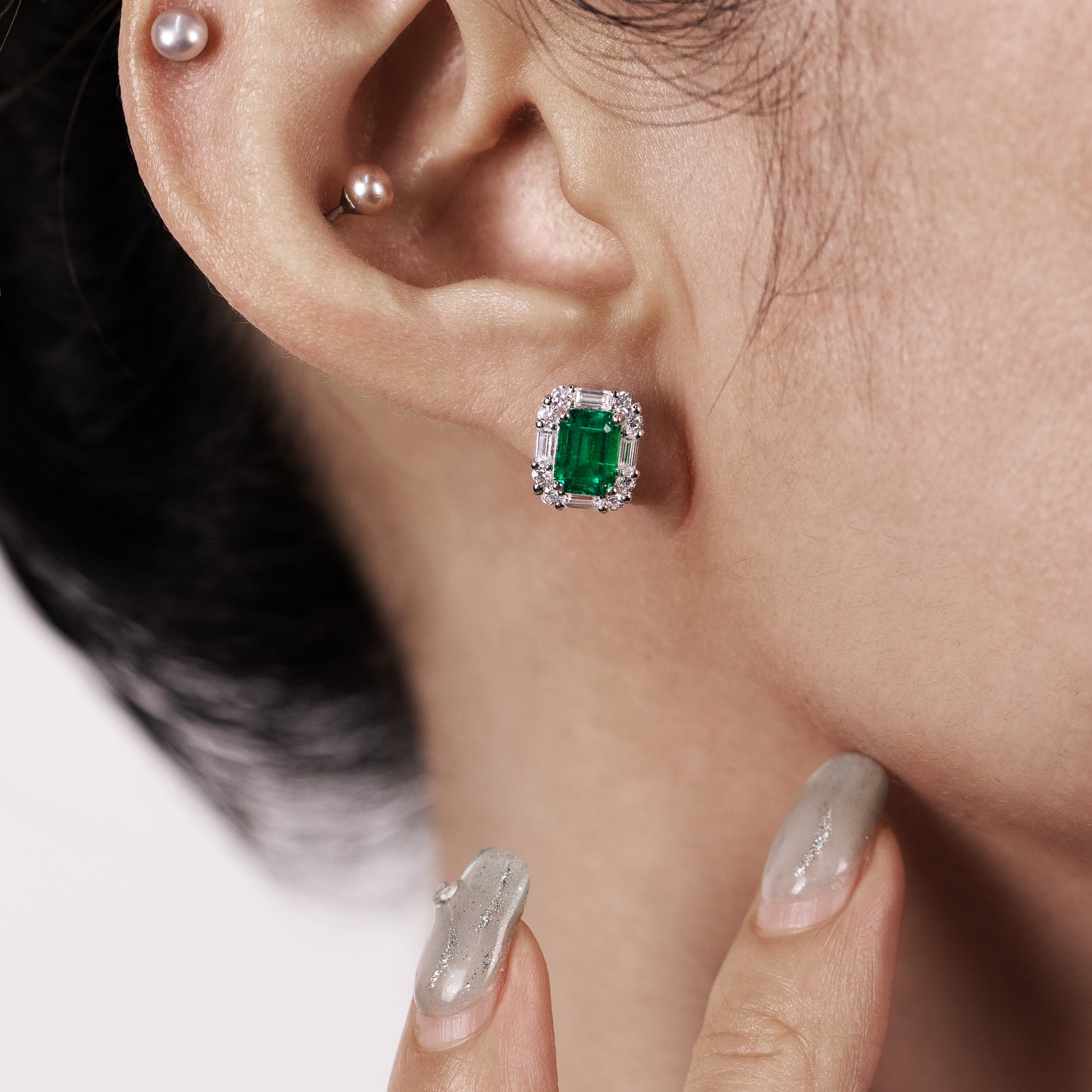 rectangle emerald stud earrings in s925 sterling silver, halo cz diamond dainty studs, minimalist may birthstone earrings gift for her