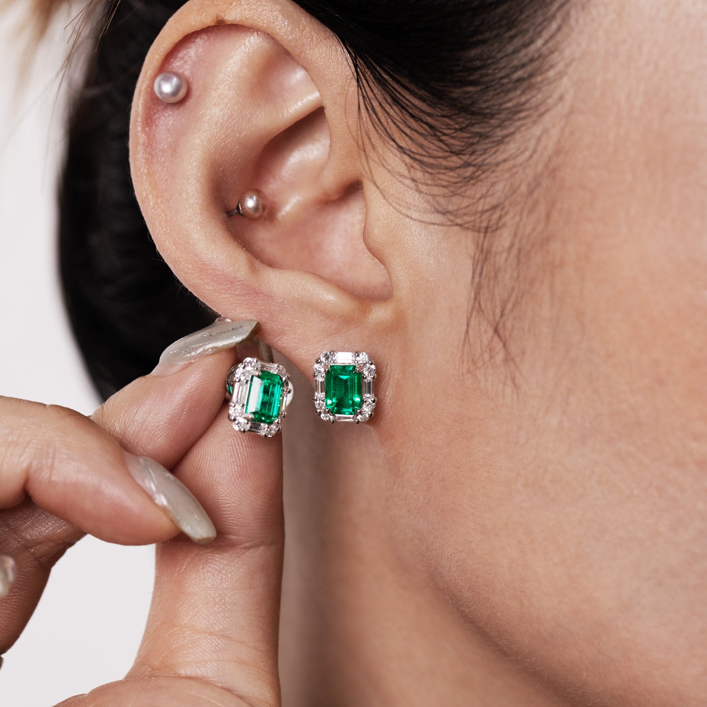 rectangle emerald stud earrings in s925 sterling silver, halo cz diamond dainty studs, minimalist may birthstone earrings gift for her