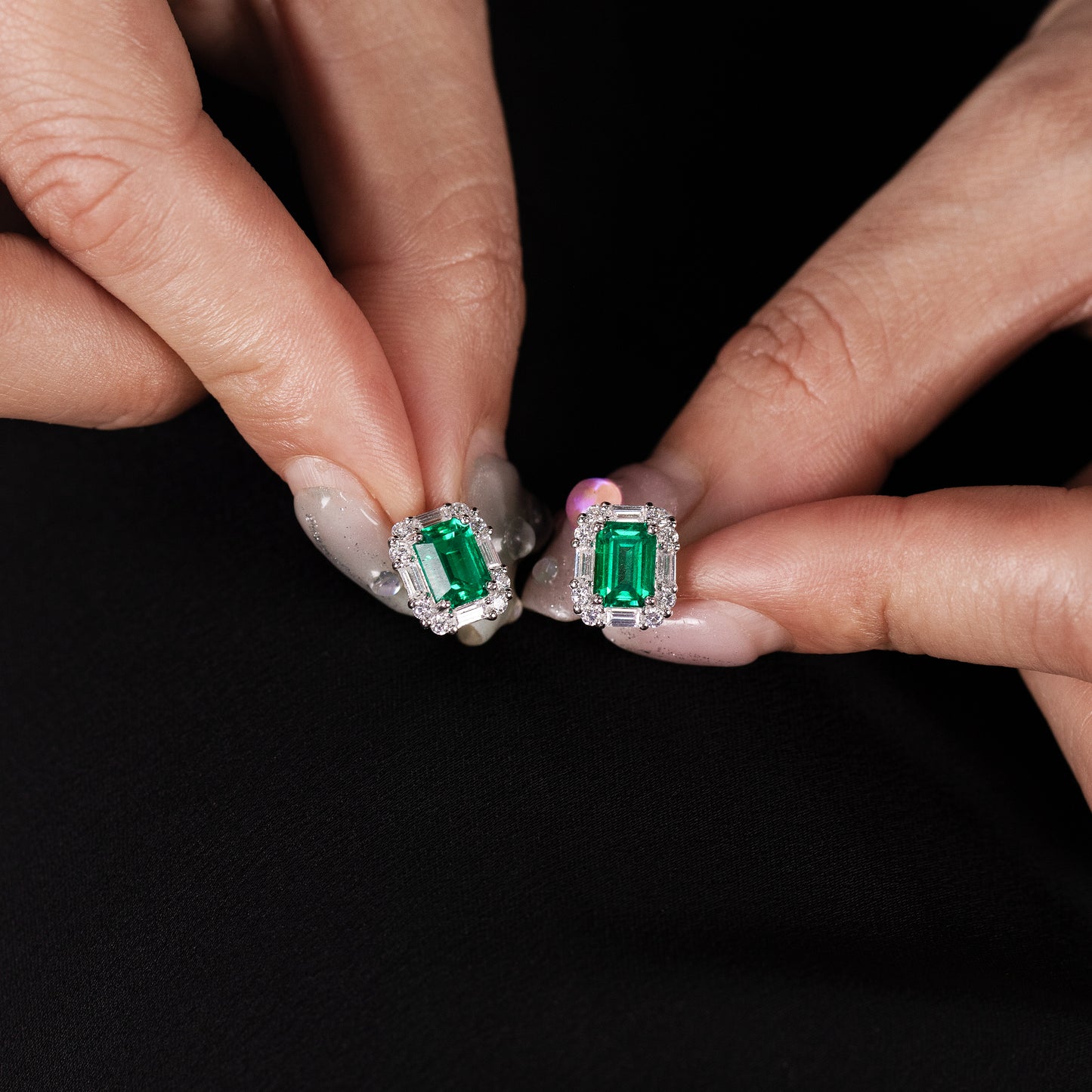 rectangle emerald stud earrings in s925 sterling silver, halo cz diamond dainty studs, minimalist may birthstone earrings gift for her