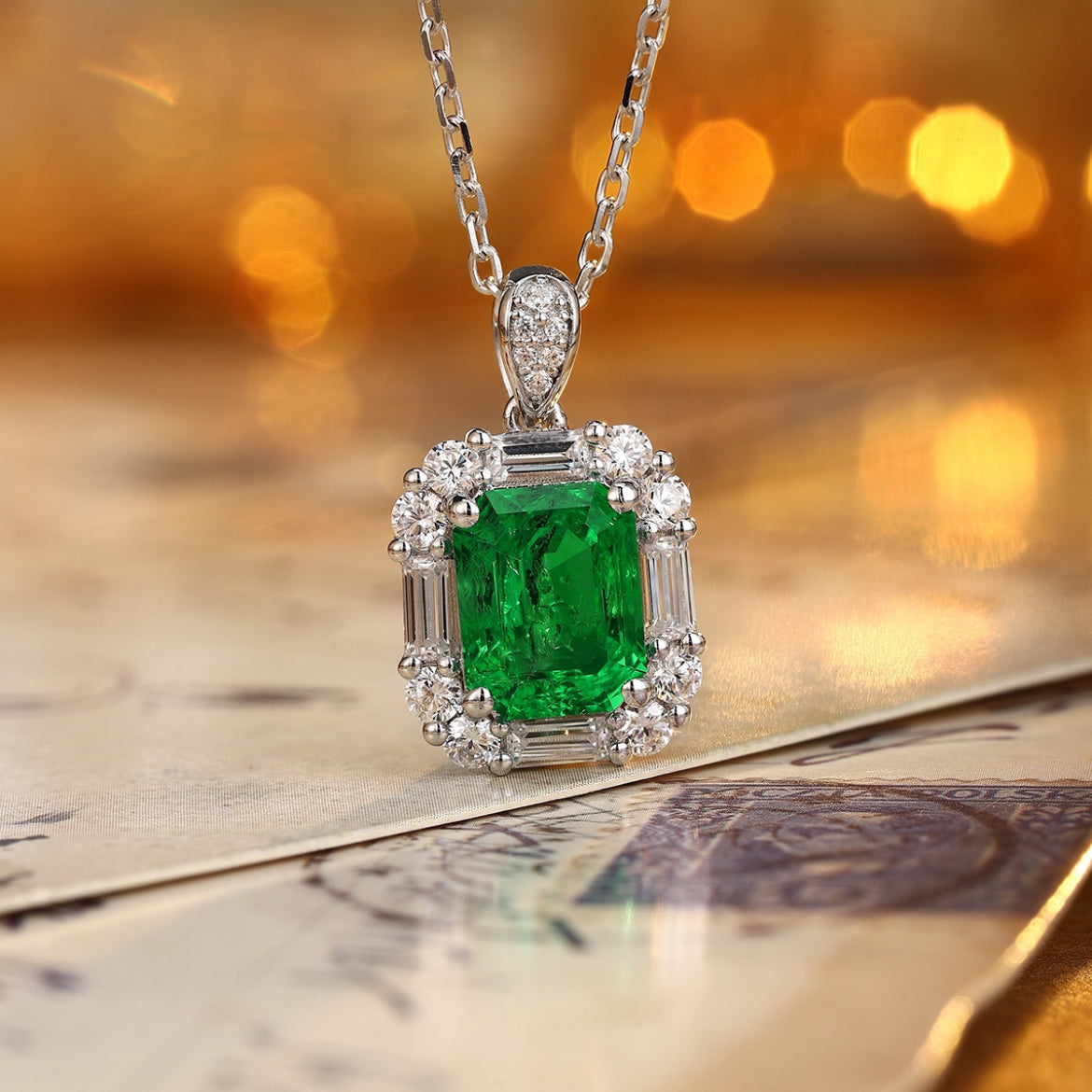 s925 sterling silver lab emerald/ruby & cz diamond necklace
