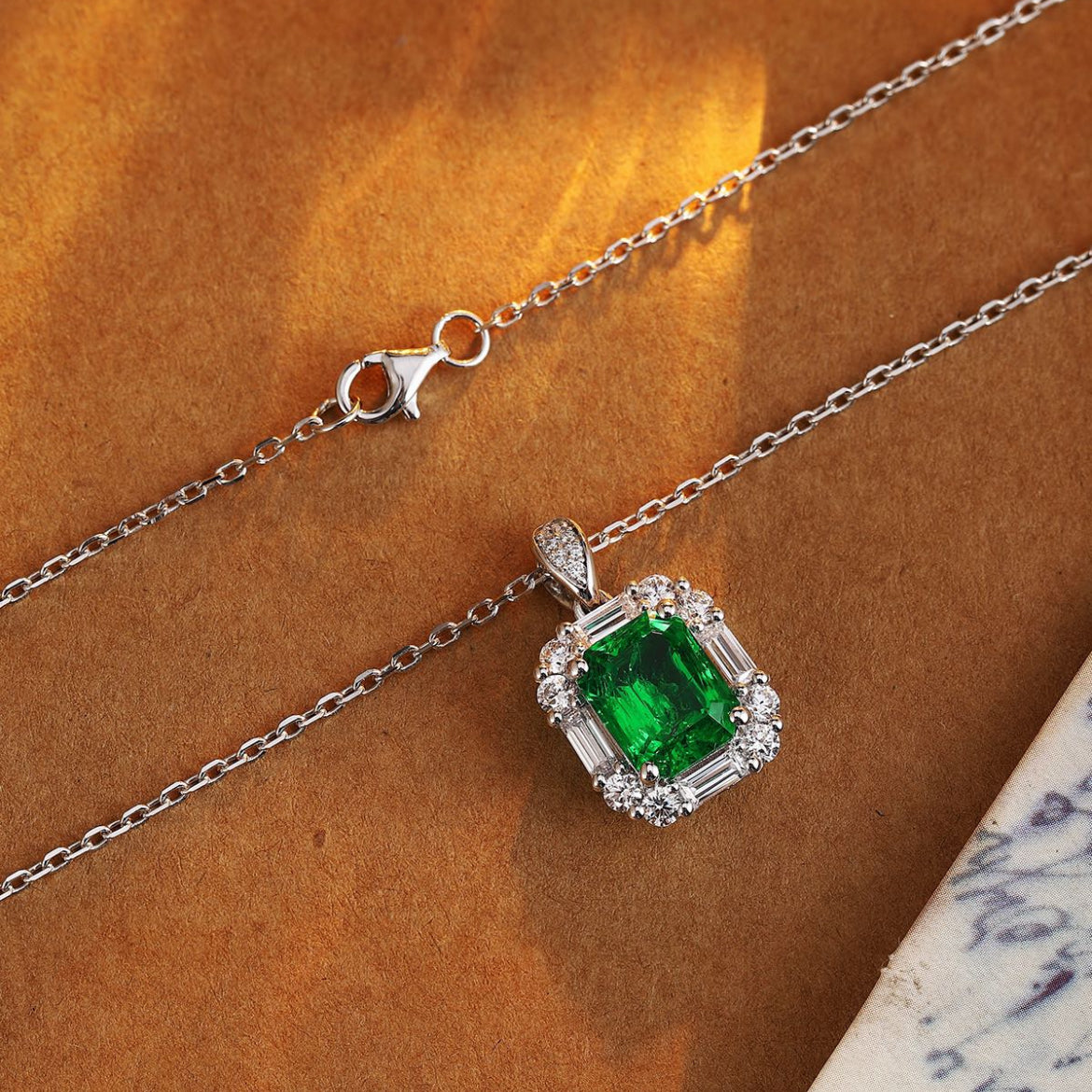 s925 sterling silver lab emerald/ruby & cz diamond necklace