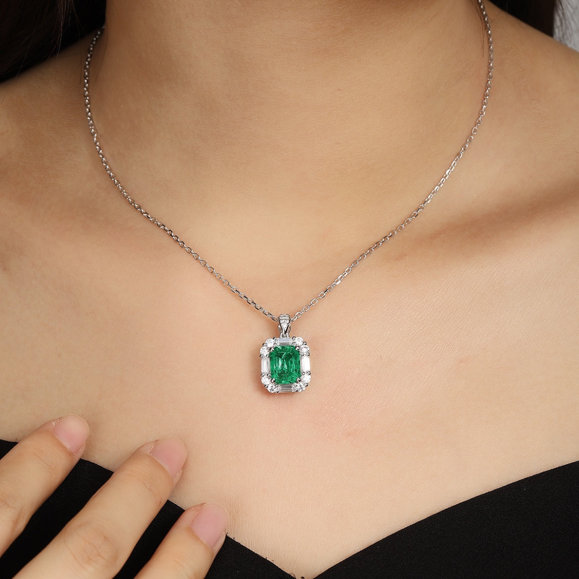 s925 sterling silver lab emerald/ruby & cz diamond necklace