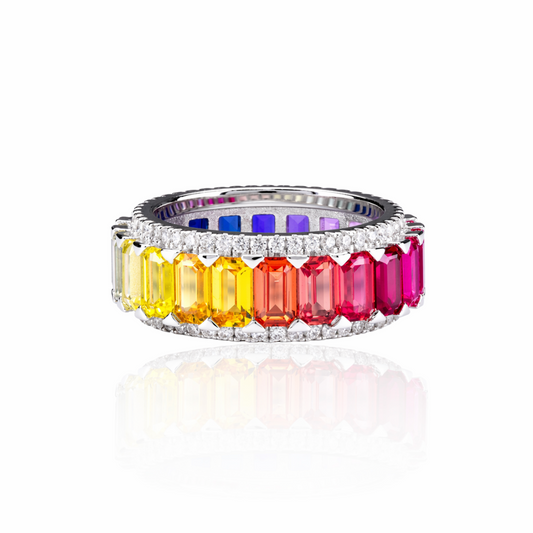S925 Sterling Silver Lab Multi-Color Sapphire/Pink Sapphire/Emerald & CZ Diamond Ring