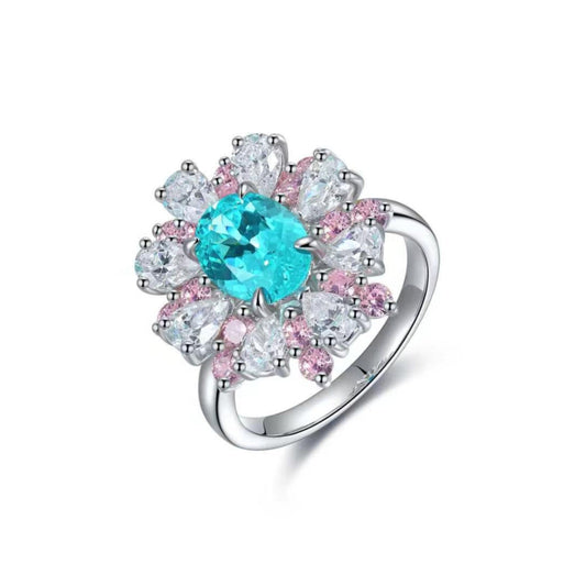 S325 Sterling Silver Lab Paraiba/Cobalt Spinel & CZ Diamond Ring