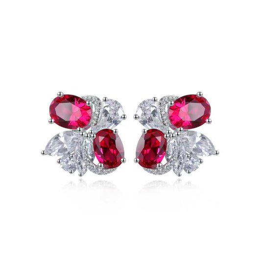 S925 Sterling Silver Lab Ruby/Paraiba & CZ Diamond Stud Earrings