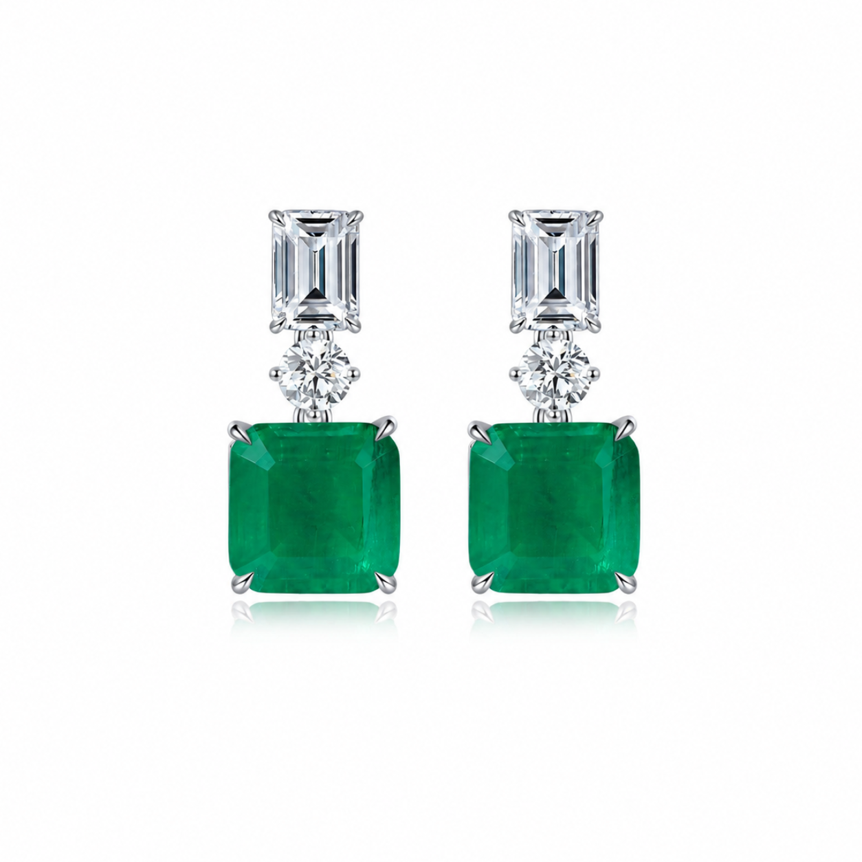 vivid green lab emerald dangling earrings in s925 sterling silver,18k white gold plated