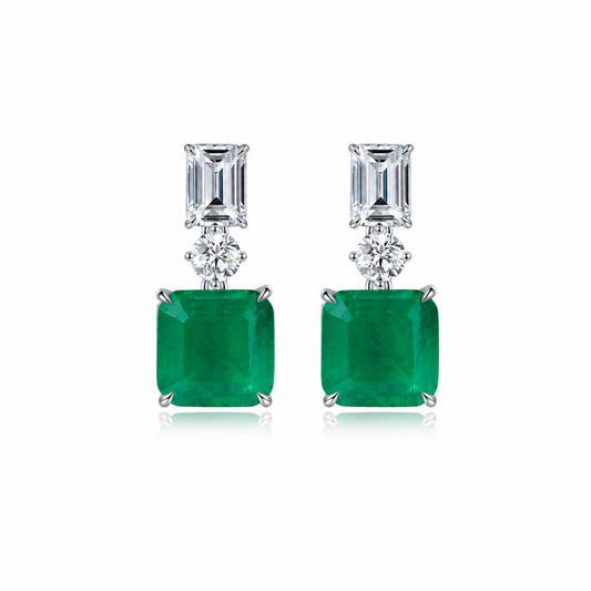 Vivid Green Lab Emerald Dangling Earrings In S925 Sterling Silver,18K White Gold Plated