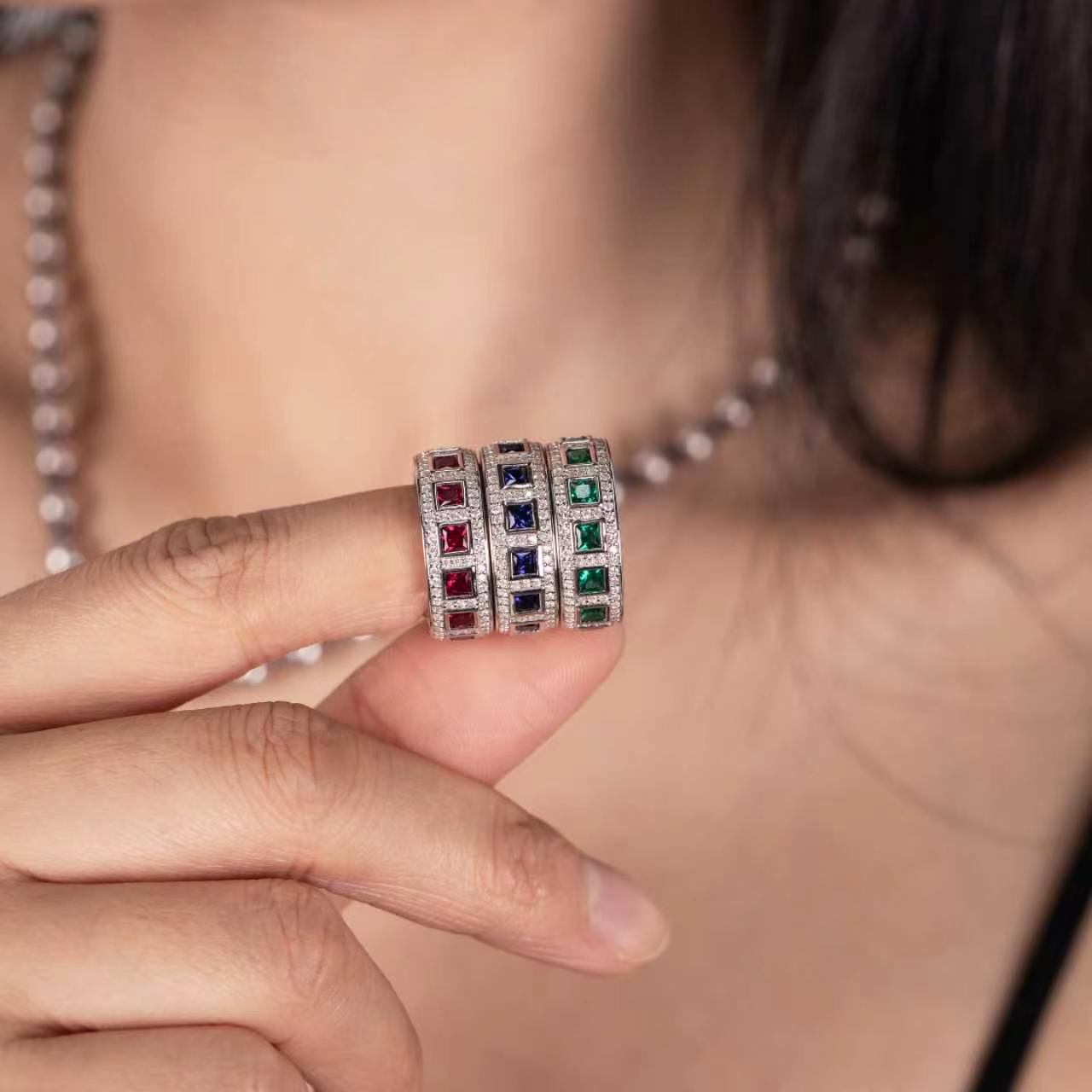 s925 sterling silver lab emerald/ruby/sapphire & cz diamond ring
