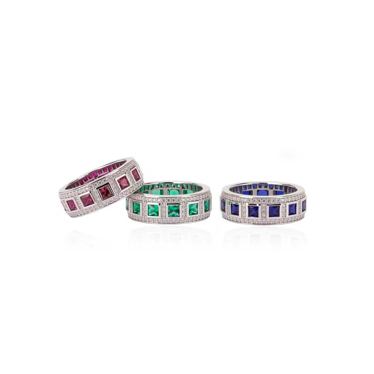 s925 sterling silver lab emerald/ruby/sapphire & cz diamond ring