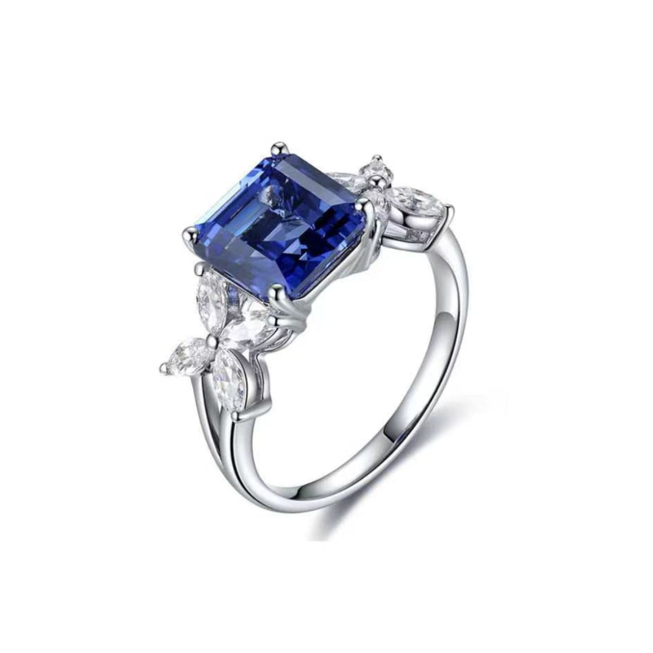 s925 sterling silver lab emerald/sapphire & cz diamond ring